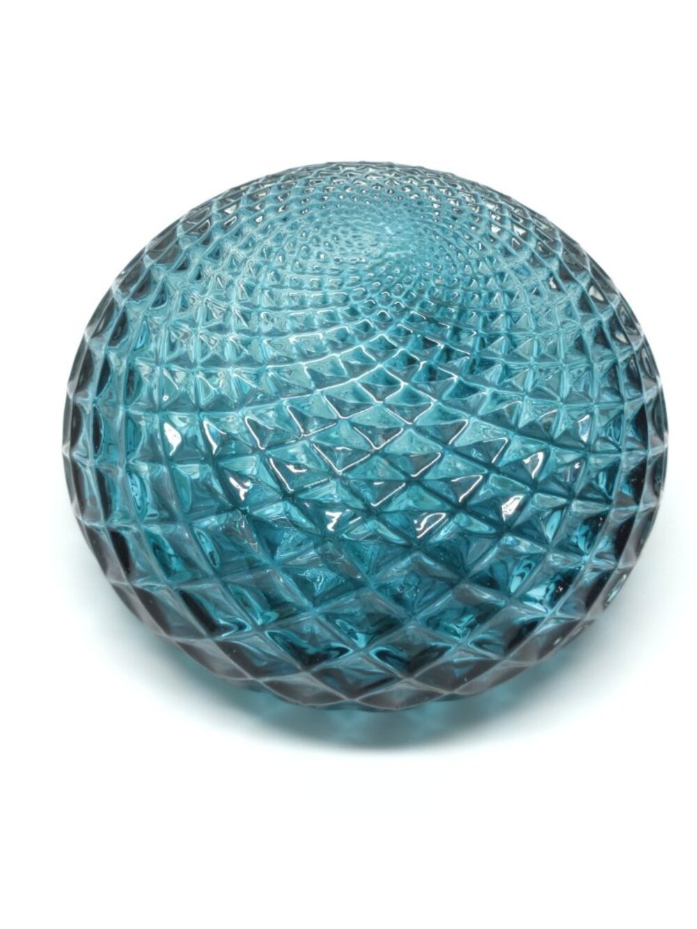 Signed Studio Art Glass Paperweight Teal Diamond Optic Spiral Sphere 2014